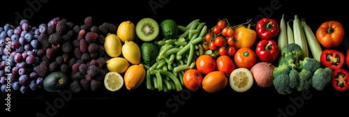 Panoramic background with assortment of fresh organic fruits and vegetables in rainbow colors. Generative AI