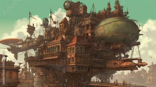 Steampunk city with steam powered machinery  clockwork automatons  and airships