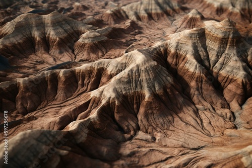 3D depiction of stratified mountainous terrain composed of sedimentary rock. Generative AI © Ilya