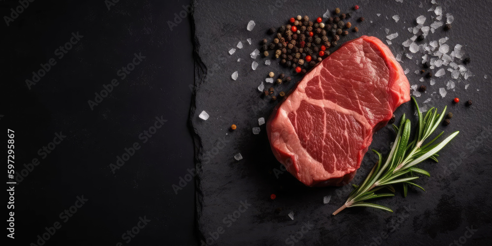 Raw Steak on Slate Background.