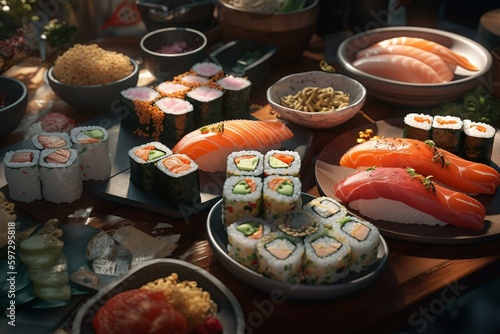 Digital illustration of Japanese food including sushi, temaki, hossomaki, nigiri, and ramen. Generative AI photo