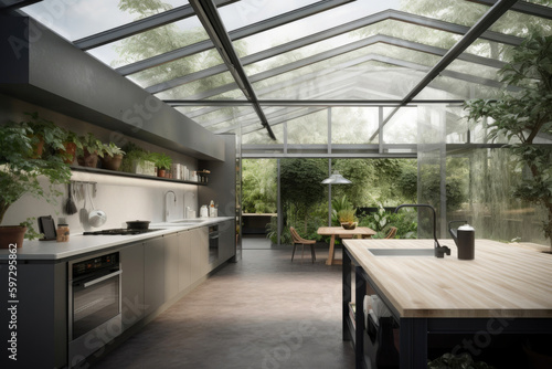 A small professional kitchen halfway inside and halfway leading into a greenhouse. Generative AI