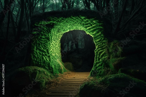 A glowing green entrance resembling a portal in a shadowy forest. Generative AI © Natalya