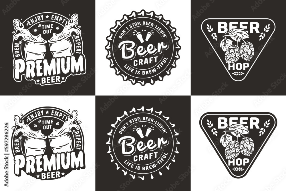 Beer set of brew emblems or craft beer logos with beer cap, hop and bottles. Labels or prints with metal cork for bar, pub or brewery shop