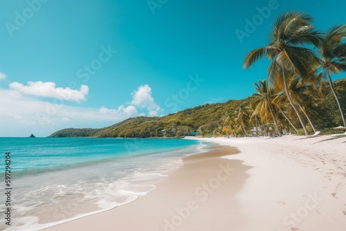 Spectacular Caribbean beach scene with azure skies, sandy shore, and swaying palms. Perfect for a dream vacation. Generative AI © Aradia