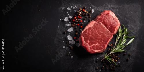 Big Slate Background with Raw Steak on Top Right Corner Image