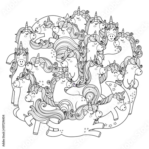 Doodle unicorns circle shape coloring page. Cute mandala with funny fairy tale characters for coloring book. Outline background. Vector illustration