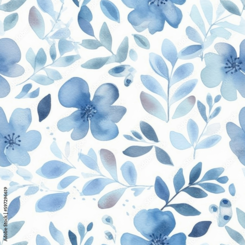 Fototapeta premium Blue floral watercolor seamless pattern. Generative AI background