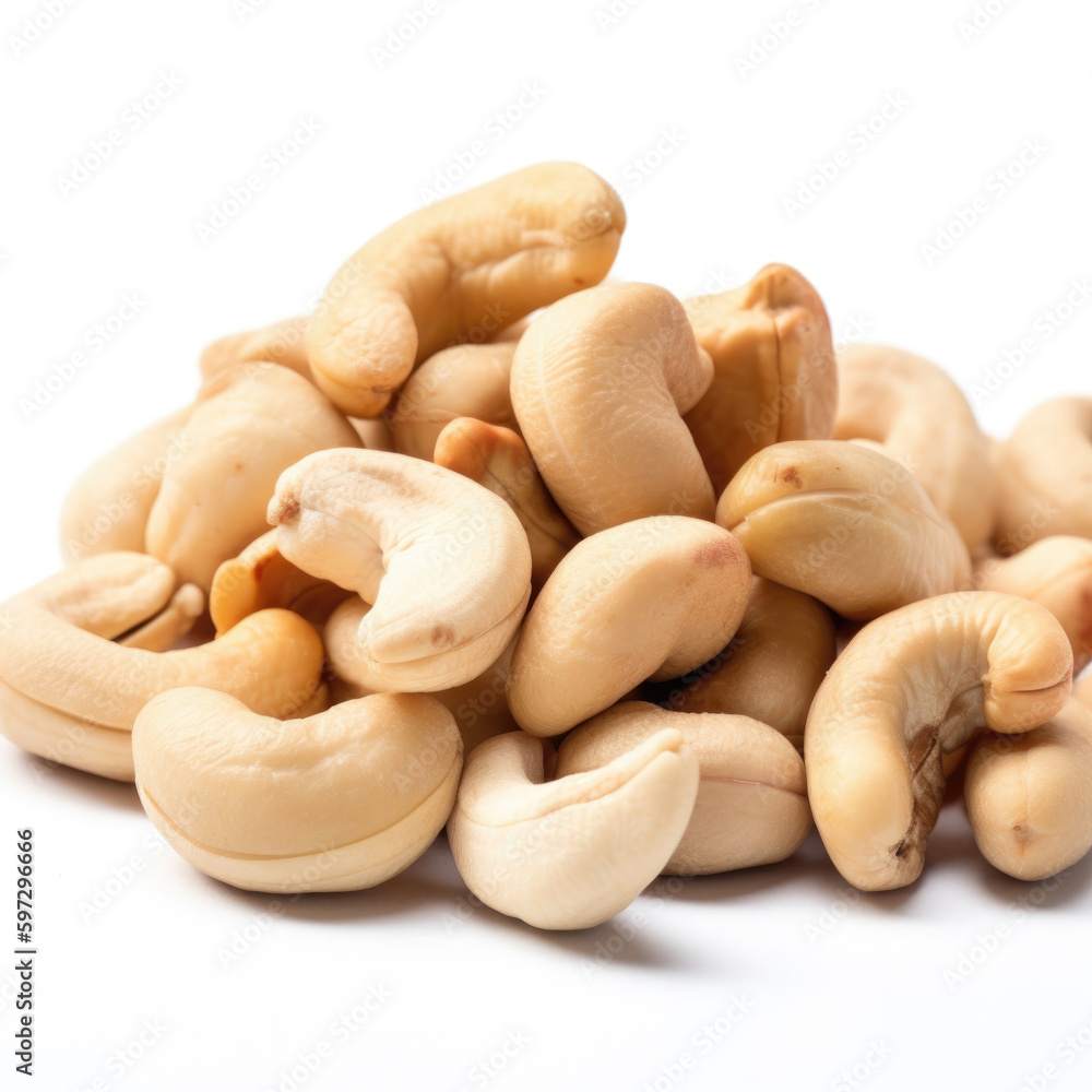 Pile of cashew nuts isolated on white background. Generative AI
