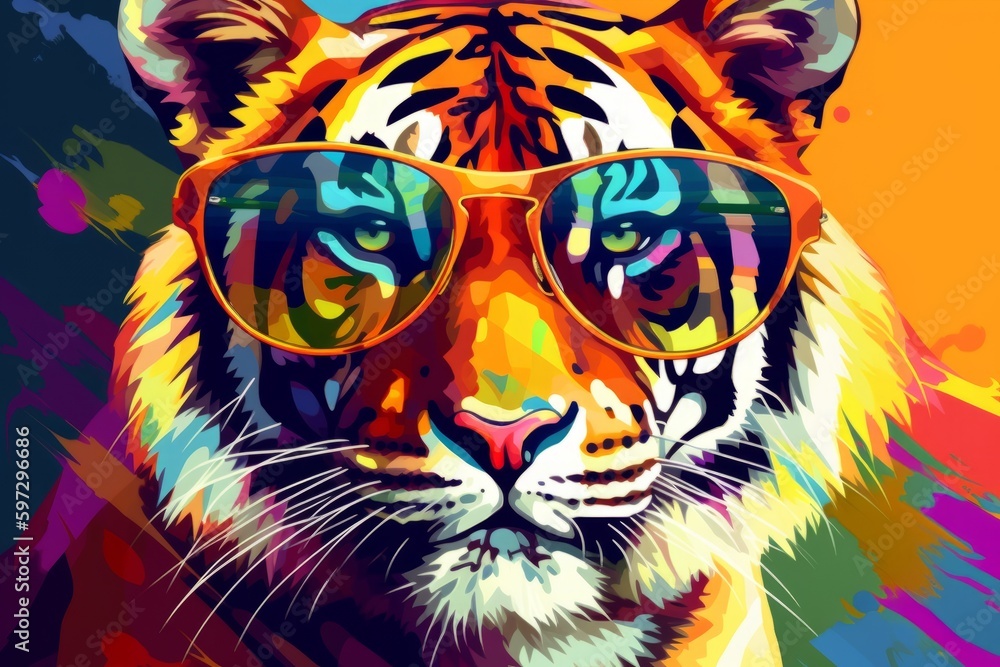 Funky Cute Tiger in Sunglasses on Colorful Pop Art Background, Generative AI