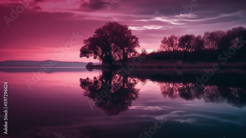 A scene in which the entire purple sky is reflected in the water. AI generative