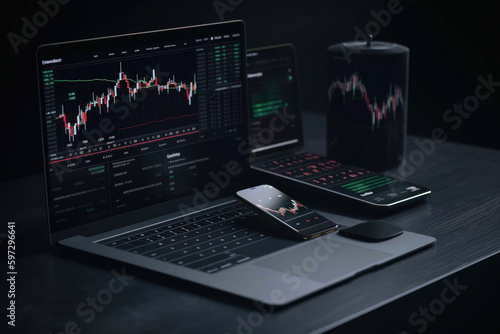 Closeup view of laptop screen with cryptocurrency stock market graphs. Generative AI © AIproduction