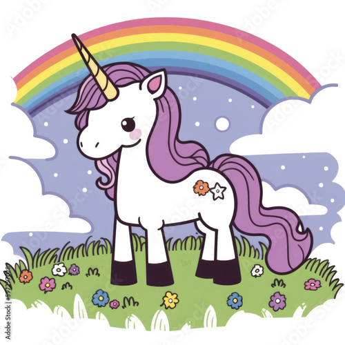 Cartoon unicorn and rainbow. Generative AI illustration