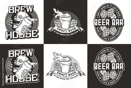 Beer set of emblems with skull and hop. Skeleton with beer can in bone hands and beer glass for brewery or bar. Craft beer vector logo for pub and store