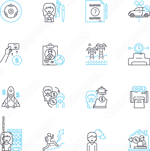 Crew member linear icons set. Dutiful, Dedicated, Reliable, Skilled, Resourceful, Experienced, Alert line vector and concept signs. Trusrthy,Organized,Punctual outline illustrations