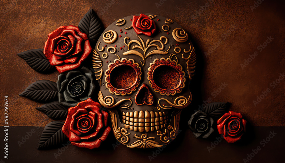 Day of the Dead Sugar Skull with red roses Generative AI Day of the Dead Sugar Skull with red roses Generative AI