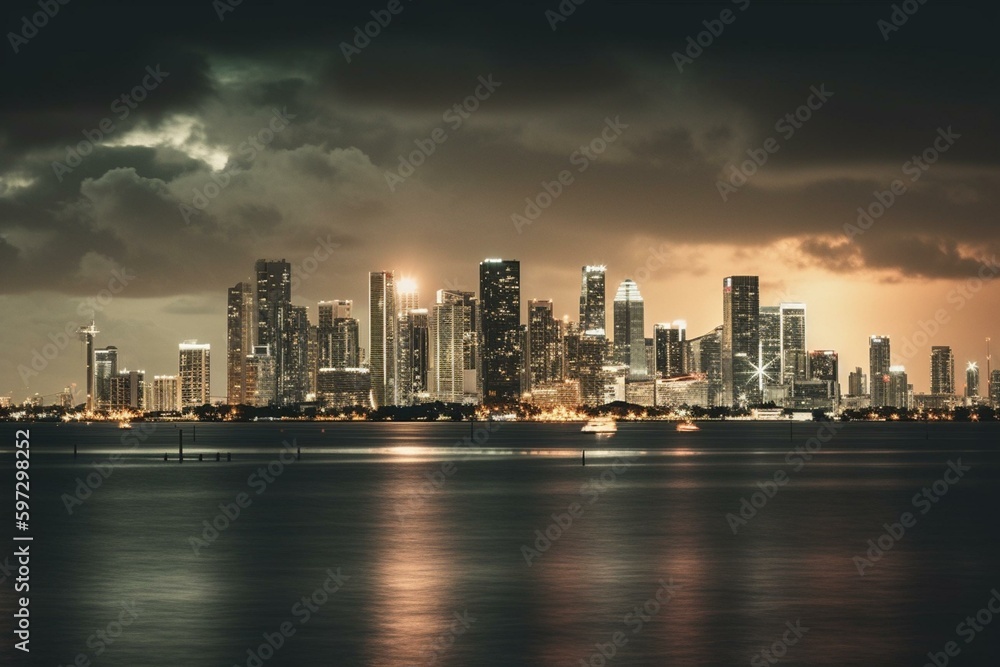 Miami skyline viewed from Burlingame Island. Generative AI