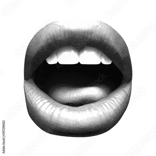 mouth with lips tongue teeth in retro halftone texture vintage dotted pop art style collage elements for mixed media design grunge punk crazy templates