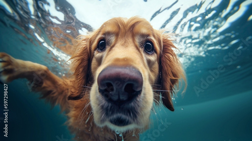 Generative Ai image of a cute golden retriever swimming under water