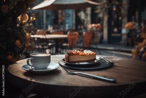 A pleasant morning ambiance at an outdoor cafe with cake and coffee on the table. Generative AI