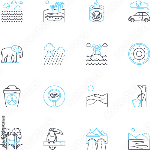 Biodiversity linear icons set. Ecosystems, Species, Habitat, Endangered, Conservation, Adaptation, Genetic line vector and concept signs. Diversity,Wildlife,Climate outline illustrations