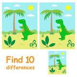 Educational game for kids. Find 10 differences. Illustration with dinosaur and palm tree.