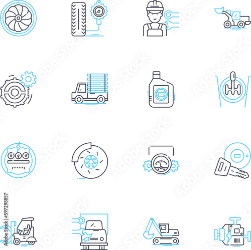 Bike shops linear icons set. Bicycles, Cycling, Repairs, Accessories, Gear, Parts, Maintenance line vector and concept signs. Wheels,Pedals,Tires outline illustrations