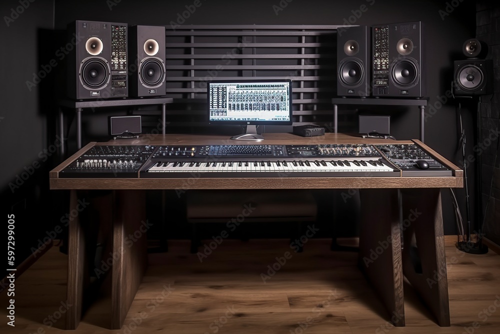 illustration, modern music studio with computer, ai generative illustration, modern music studio with computer, ai generative
