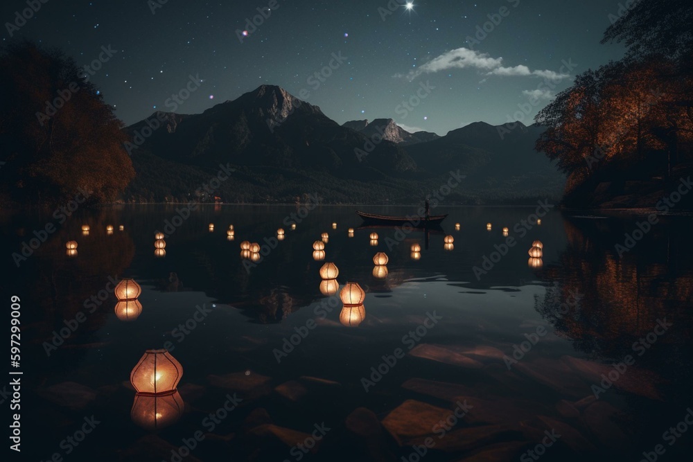Night lake with floating lanterns, stars, mountain range and trees. Generative AI
