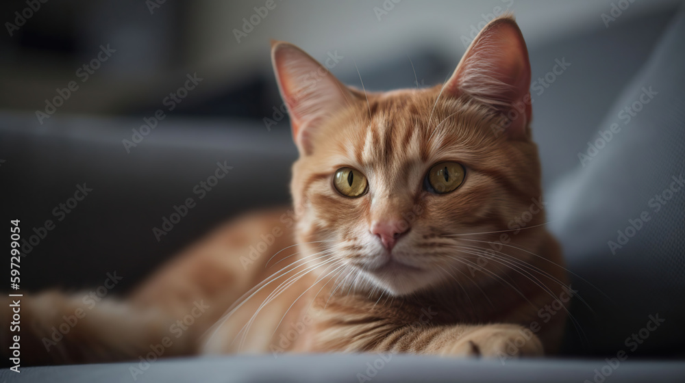 Cute red cat lying on sofa in living room, generative ai Cute red cat lying on sofa in living room, generative ai