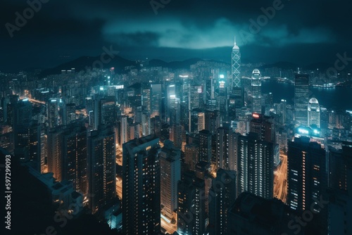 Nighttime urban landscape of Hong Kong with blue filtered lights and skyline buildings. Generative AI
