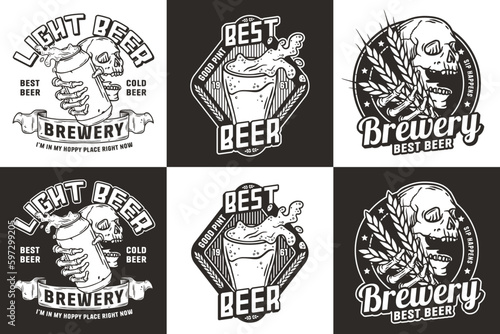 Beer set of emblems with skull and beer can. Skeleton with beer glass in bone hands for brewery or bar. Craft beer vector logo for pub and store