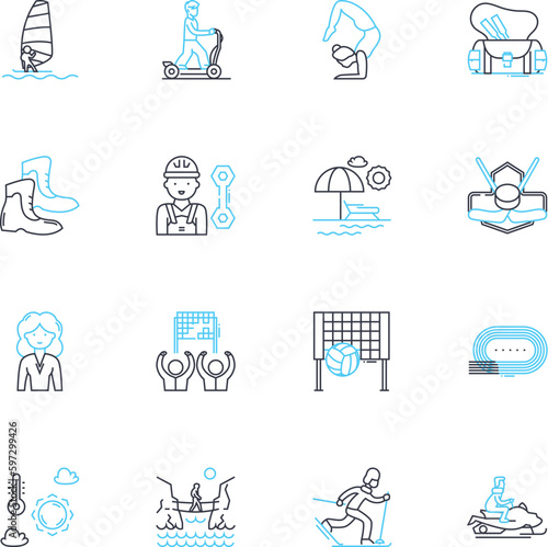 Wild adventures linear icons set. Safari, Jungle, Trek, Expedition, Rafting, Camping, Hiking line vector and concept signs. Climbing,Paragliding,Bungee jumping outline illustrations