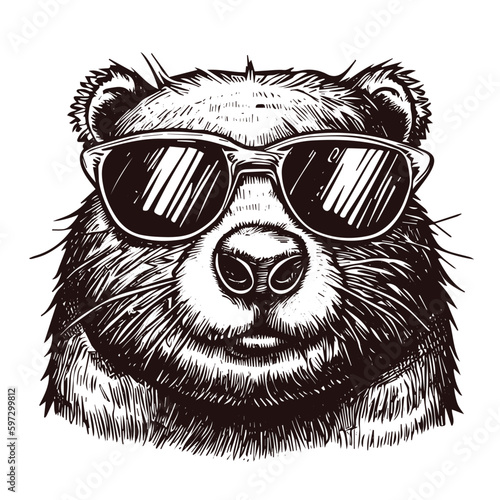 Funny beaver wearing sunglasses, cool beaver front view sketch