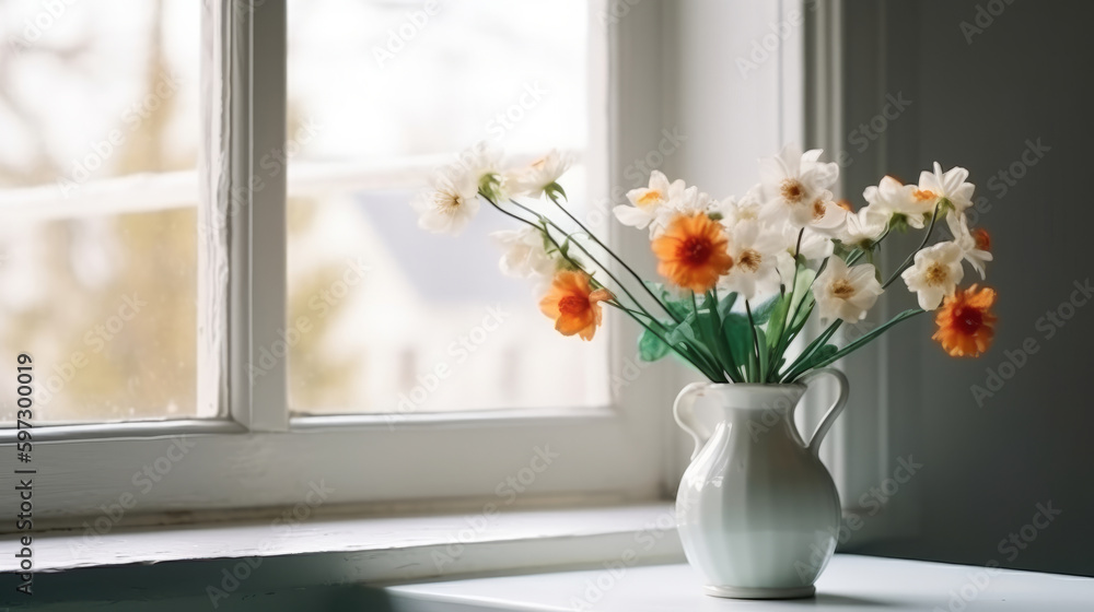 Spring flowers in vase. Illustration AI Generative. Spring flowers in vase. Illustration AI Generative.