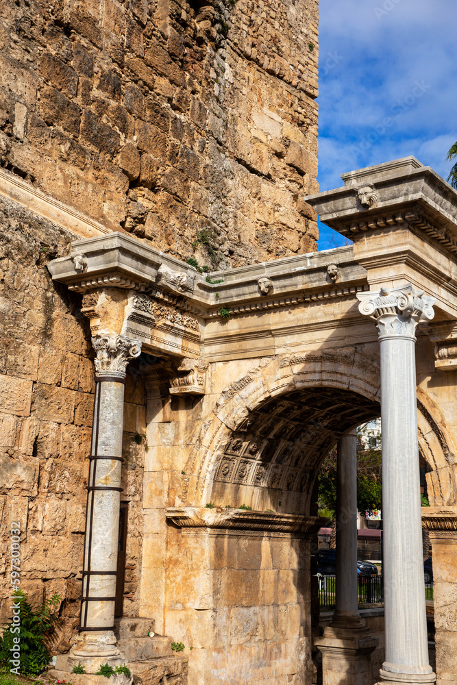 Hadrian's Gate in the old town of Antalya, Turkey. Ancient architecture.