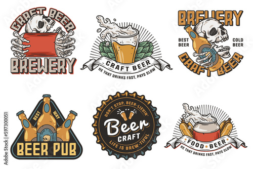 Beer set of brew emblems or craft beer logos with beer cap, can, hop, skeleton and bottle. Labels or prints with skull, beer glass and barly for bar, pub or brewery shop