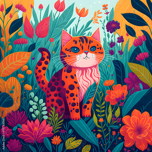 Cute cartoon cat among flowers. drawing in flat style.