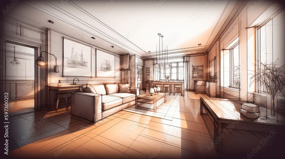 Fototapeta premium Abstract sketch design of interior living. Generative AI