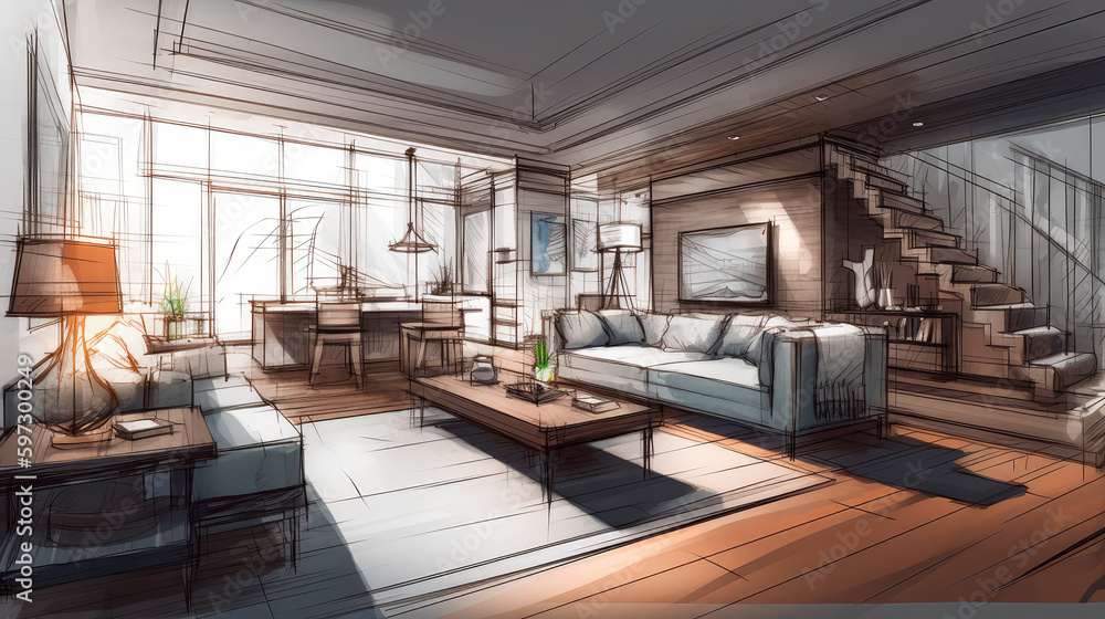 Naklejka premium Abstract sketch design of interior living. Generative AI