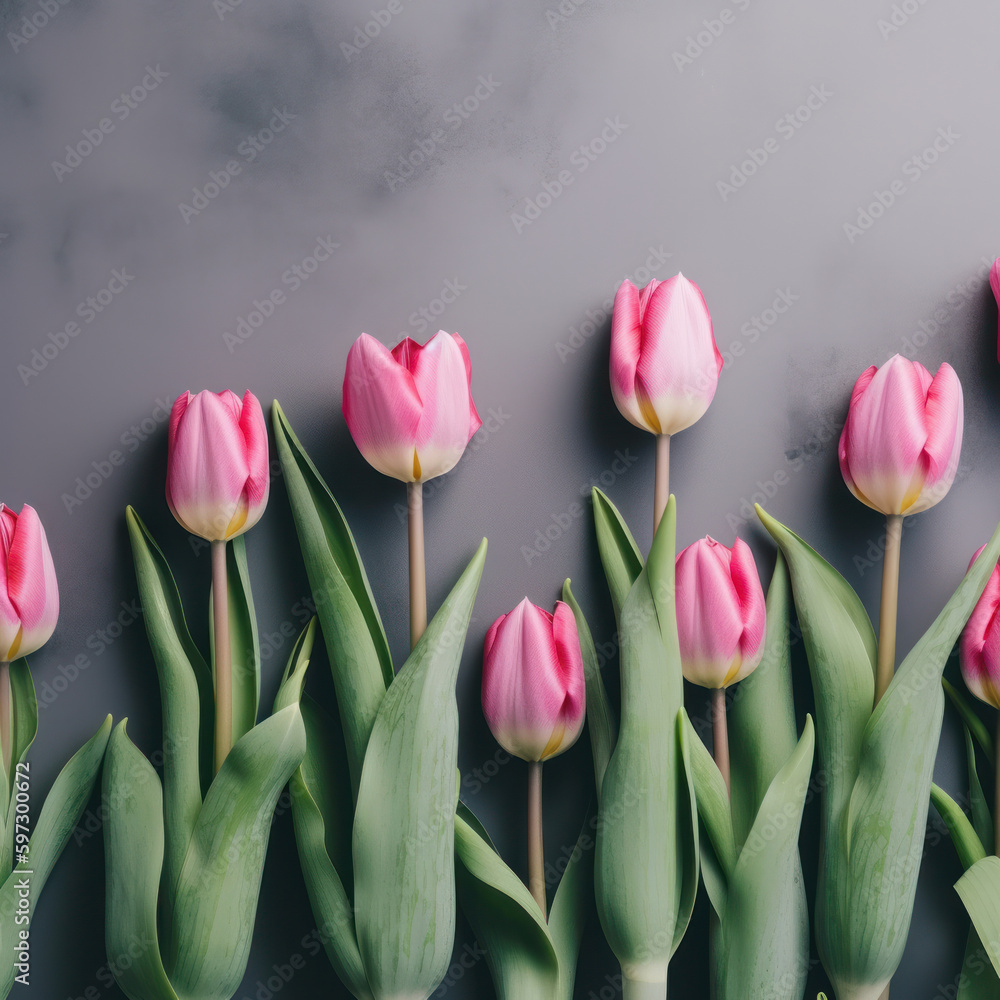 Pink tulips background. Illustration AI Generative.