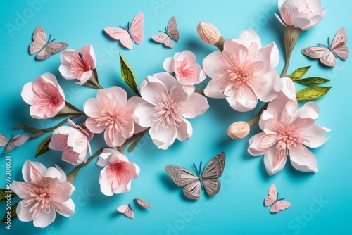 A pink greeting card with almond flowers and butterflies on blue background. Suitable for Mothers Day  March 8 and birthday. Generative AI