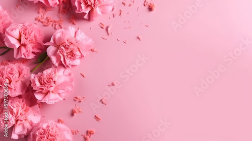 Pink carnations on pink background with confetti.