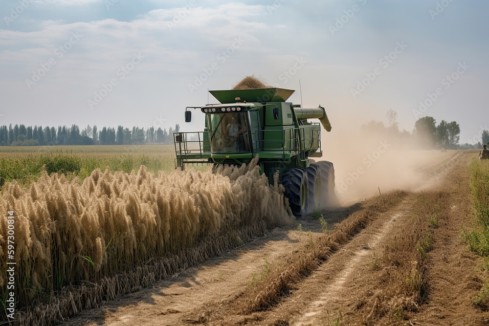 Fototapeta premium illustration, harvester in the field, ai generative