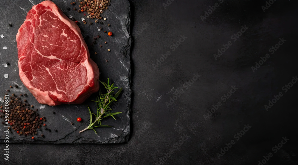 Raw Steak on Slate Background Bottom Right Corner Image.