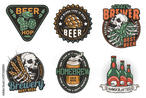 Beer set of brew emblems or craft beer logos with beer cap, can, hop, skeleton and bottle. Labels or prints with skull, beer glass and barly for bar, pub or brewery shop photo