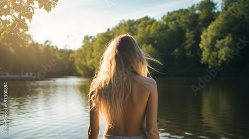 Woman with long blond hair at the lake