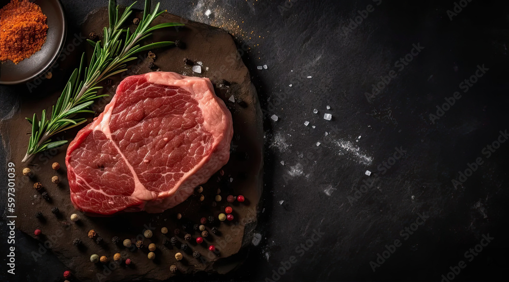 Big Raw Steak on a Slate Background, Top Right Placement