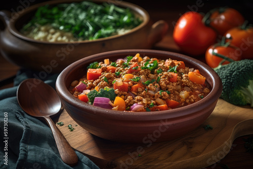 A delicious and filling plant-based chili on a cutting board, made with wholesome ingredients.. Generative Ai
