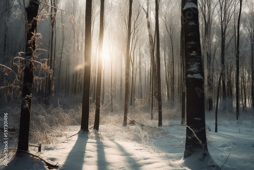 Snowy woods with sunlight peering through trees. Great wallpaper. Digital art. Generative AI